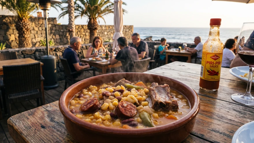 Traditional Cachupa stew served at an outdoor restaurant table in Praia