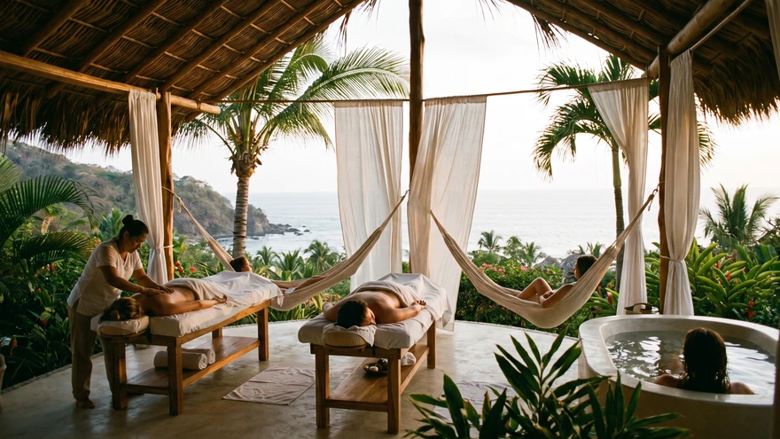 Open-air hillside spa palapa overlooking the ocean at a quiet luxury resort