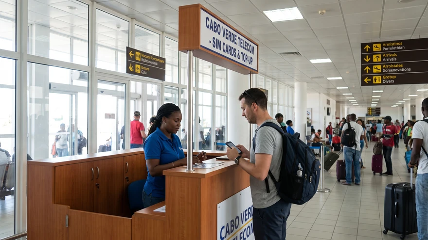 Telecom kiosk counter at a Cape Verde airport arrivals area helping a traveler with a SIM card