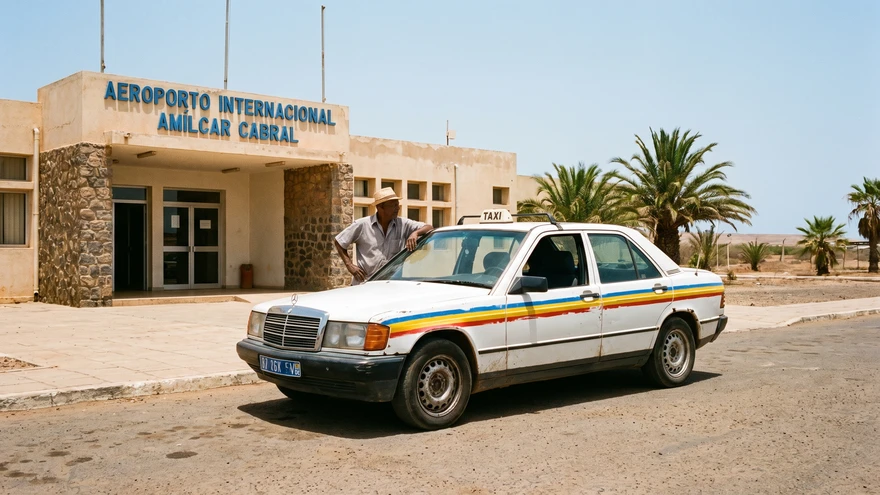 White taxi with colored stripes waiting outside an airport terminal in Cape Verde