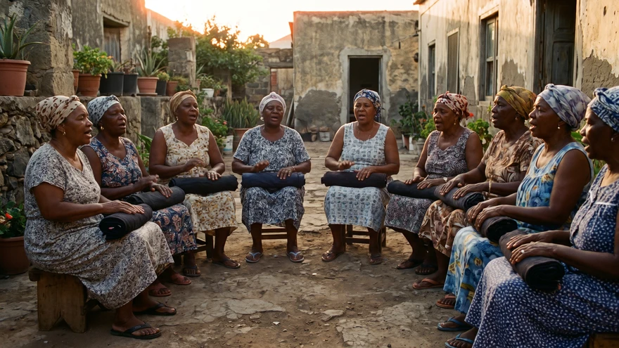 Circle of women performing traditional batuque percussion on rolled cloths in Santiago, Cape Verde