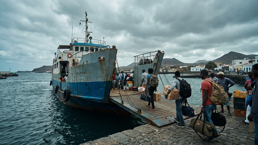 Inter-island ferry boat docked at a Cape Verde harbor with passengers boarding