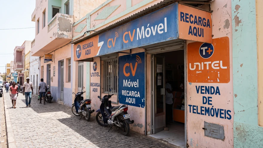 Mobile phone shop storefront with telecom branding in a Cape Verde town