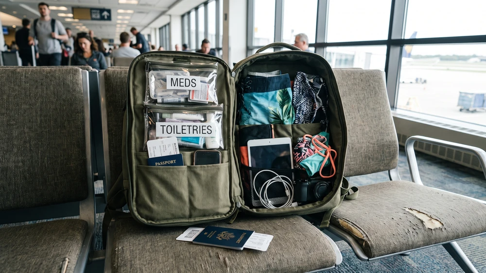 Carry-on bag packed with medications, swimwear, and electronics