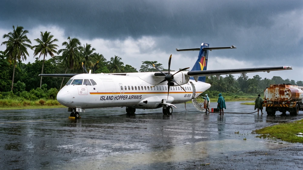 Regional plane on a rain-soaked tarmac during a tropical layover delay