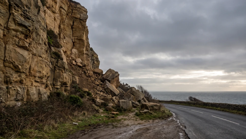 Steep rockfall-prone sandstone cliffs rising above Clarence Drive on South Africa's Western Cape coast