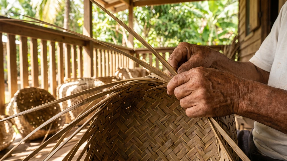 Traditional Cocos Malay basket weaving craft demonstration