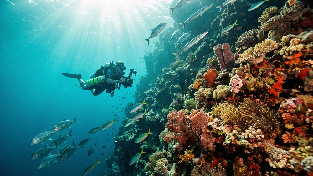 Scuba diver exploring a coral drop-off wall in clear water