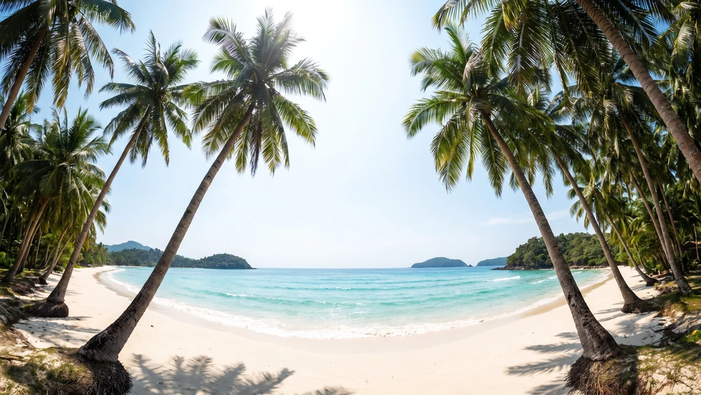 Cossies Beach crescent of white sand framed by coconut palms