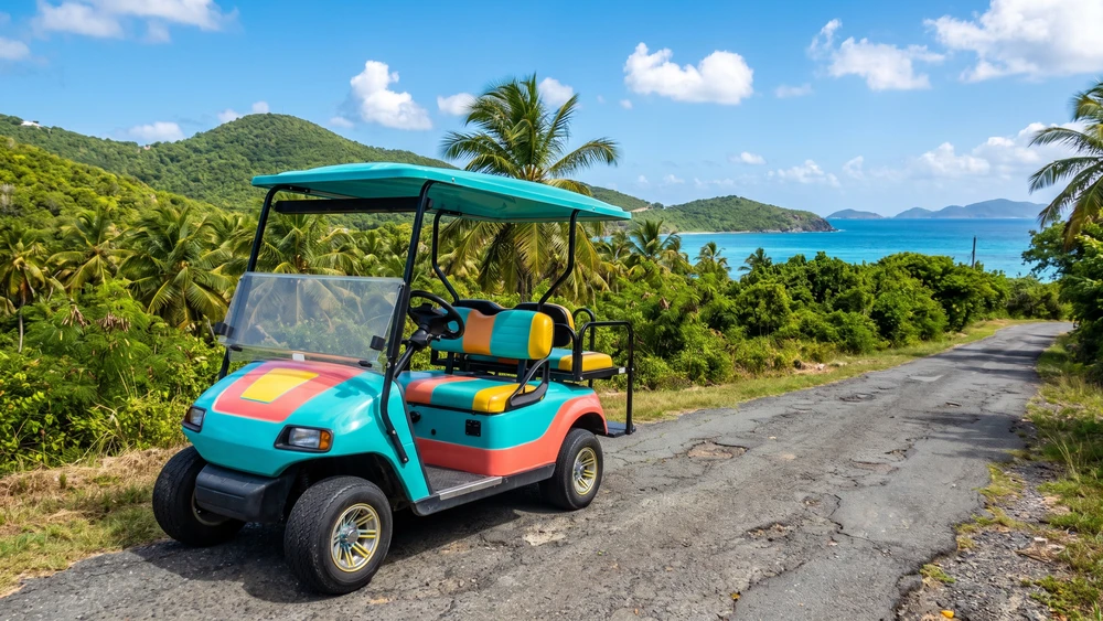 Golf cart parked on a road in Culebra, Puerto Rico