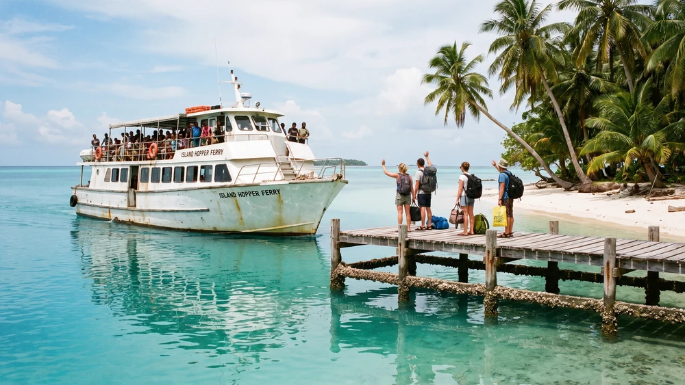 Small passenger ferry arriving at the wooden jetty on Direction Island
