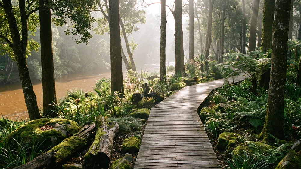 Wooden boardwalk along the Disa Kloof trail beside a tea-colored river in Harold Porter Botanical Garden