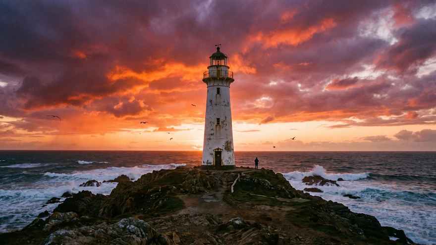 Dona Maria Pia Lighthouse on a rocky peninsula at sunset in Praia