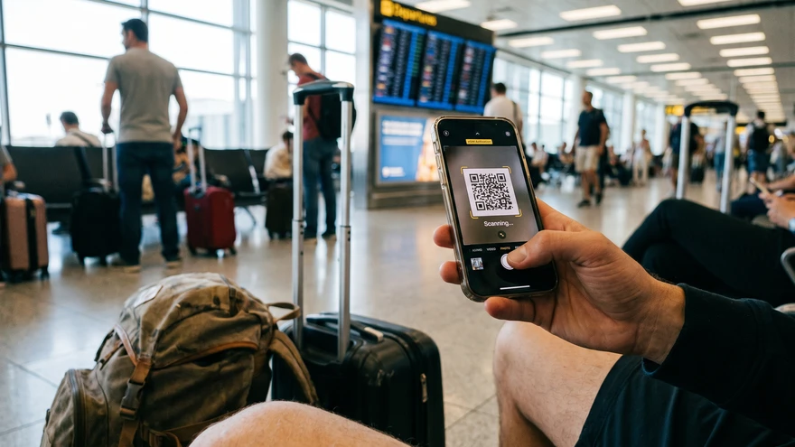 Smartphone displaying a QR code for eSIM activation before a Cape Verde trip
