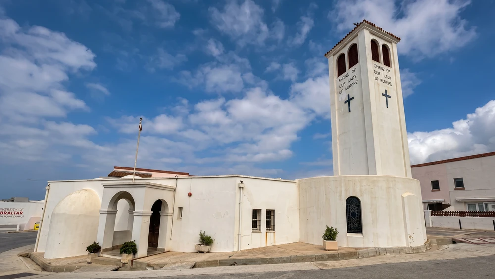 The whitewashed Shrine of Our Lady of Europe with its bell tower at Europa Point