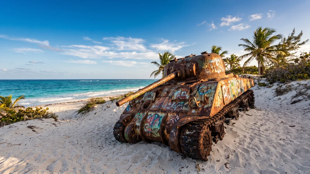 Graffiti covered US Navy tank half buried in the sand at the western end of Flamenco Beach