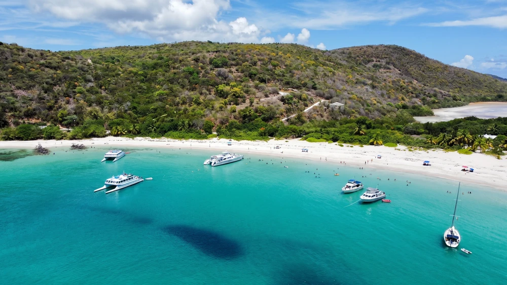 Sargassum seaweed patches along the center of Flamenco Beach with clear water visible on the right side