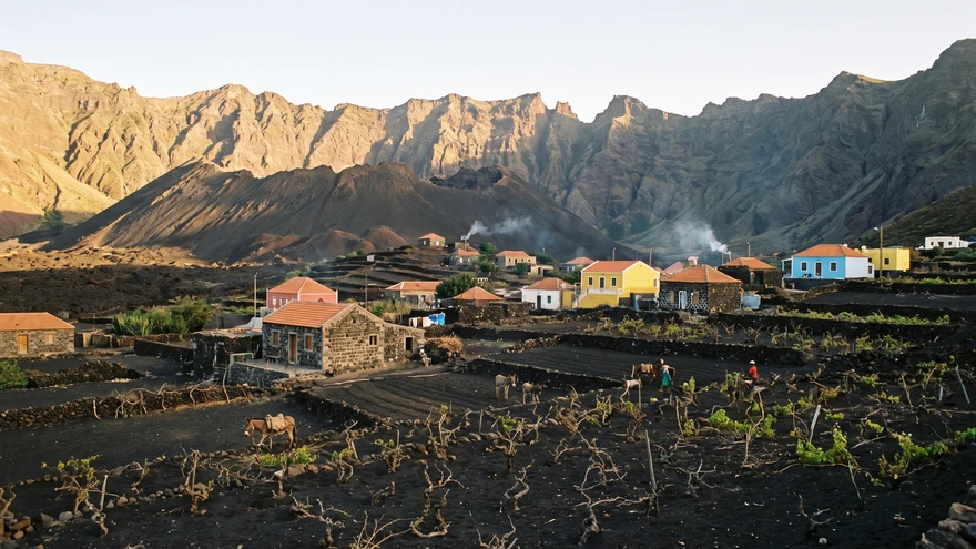 Rural village and vineyards inside a volcanic crater on Fogo island, Cape Verde