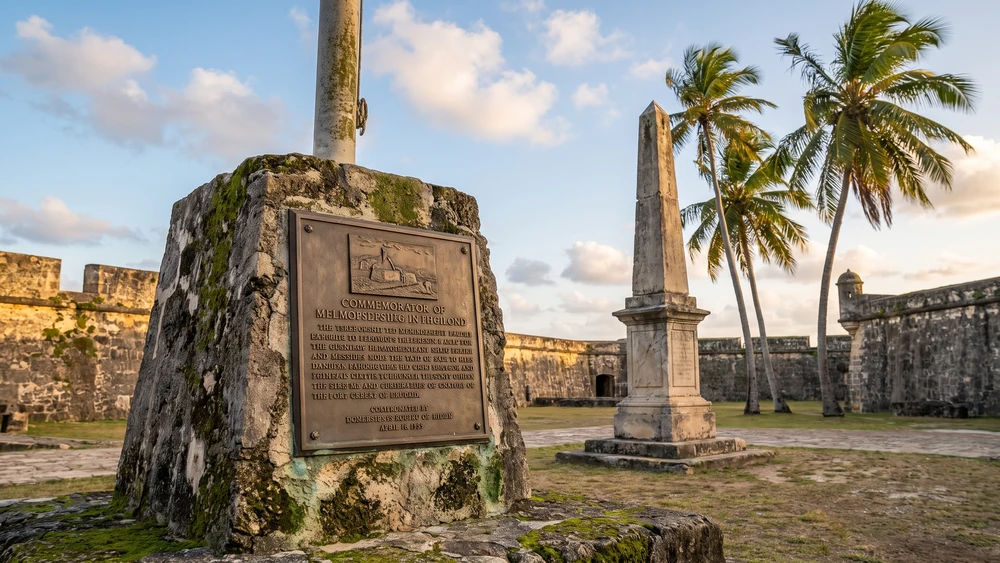 FDR memorial plaque and De Ruyter obelisk in the Fort Oranje courtyard