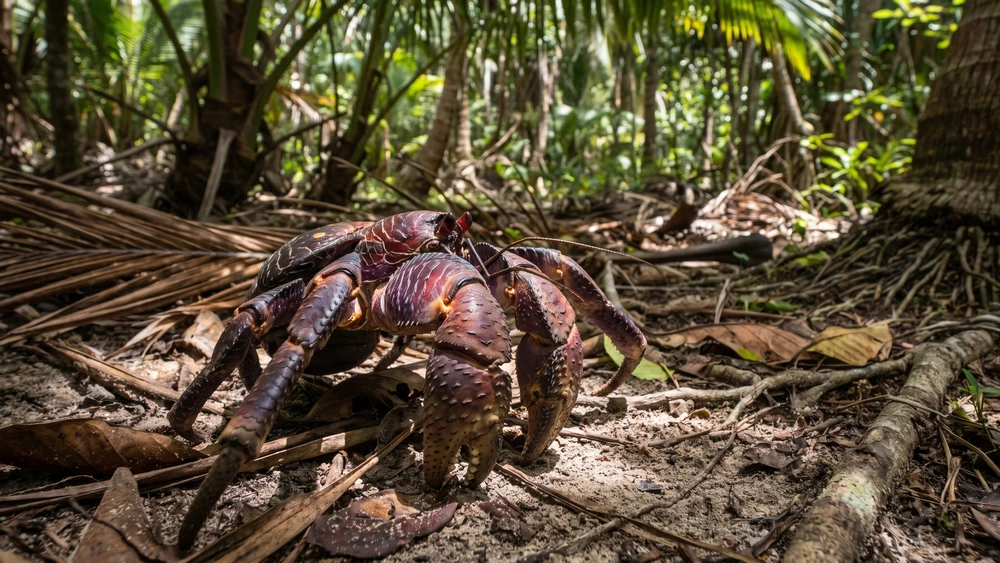 Giant coconut crab with powerful claws on the forest floor