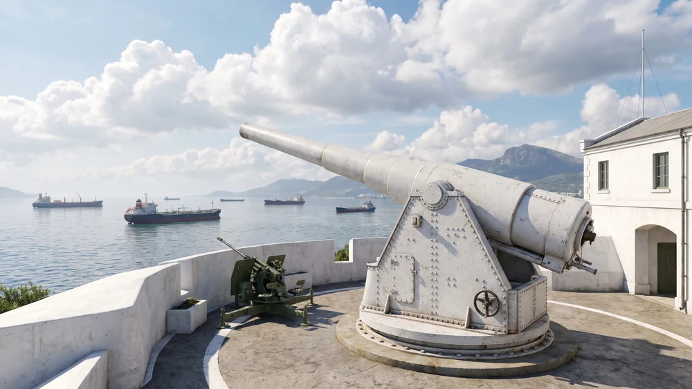 The 100-Ton Gun at Napier of Magdala Battery overlooking the Bay of Gibraltar with passing cargo ships
