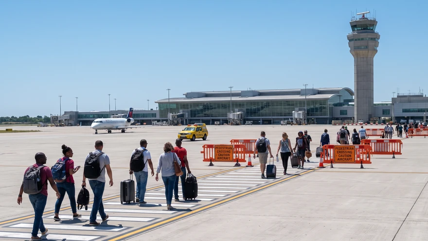 Pedestrians crossing the active runway at Gibraltar International Airport on foot