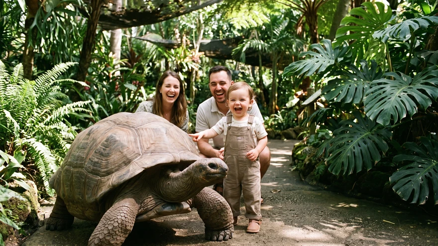 Child looking at a giant tortoise at the Alameda Wildlife Conservation Park