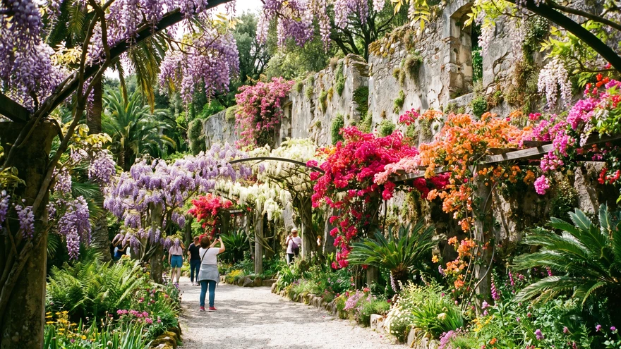 Wisteria and bougainvillea blooming along a subtropical garden path in spring