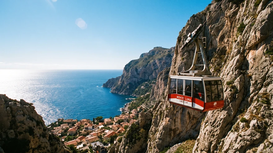 Cable car gondola ascending the steep rock face above Gibraltar's coastline