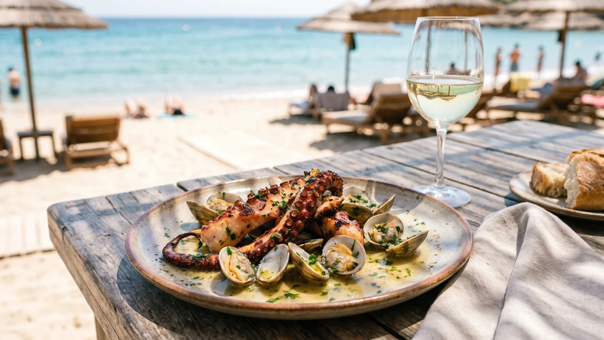 Galician-style octopus and clams in white wine served at a beachside bar in Catalan Bay