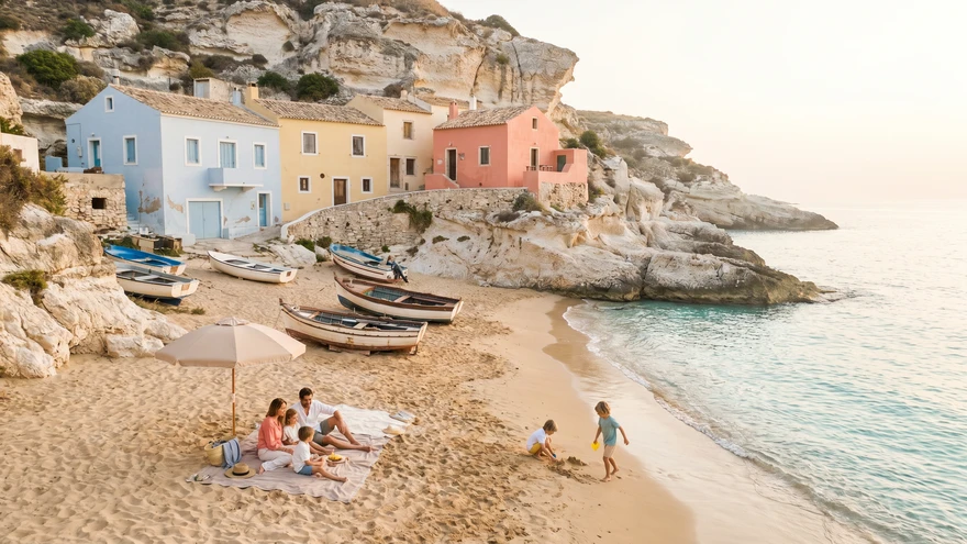 Pastel-colored houses stacked against the cliffs above the beach at Catalan Bay