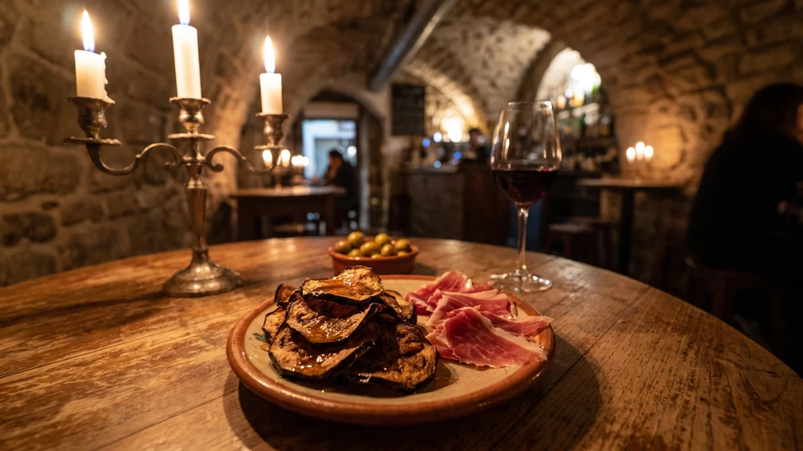 Fried aubergines with cane honey and Iberian ham served at a tapas bar in Chatham Counterguard