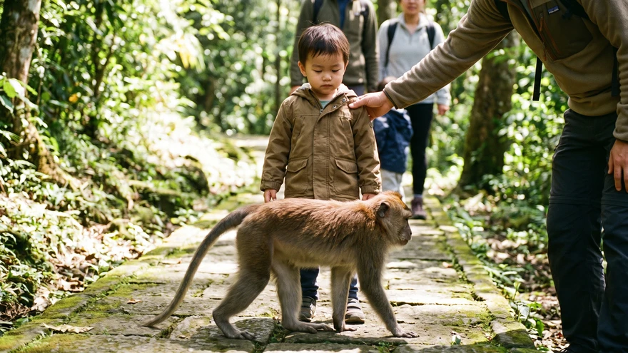 Child standing calmly still as a Barbary macaque walks past on a narrow path