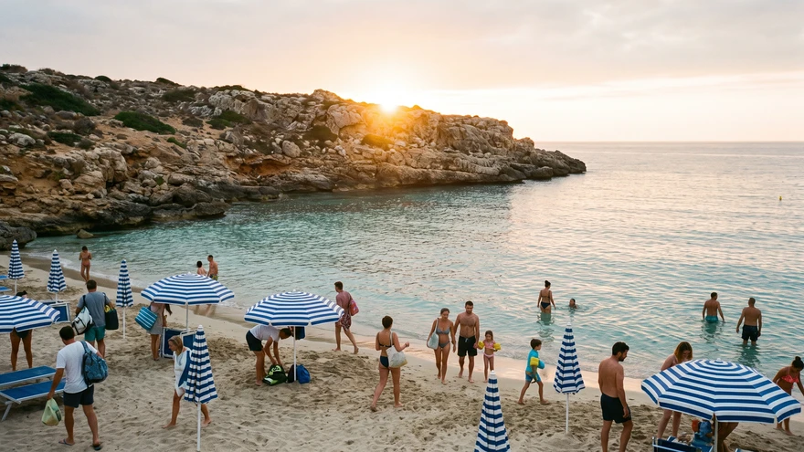 Beachgoers arriving early to a small sandy cove to claim spots before the summer crowds
