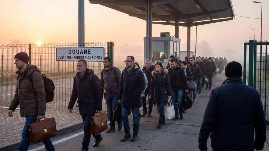 Spanish commuters walking across the Gibraltar border checkpoint early in the morning