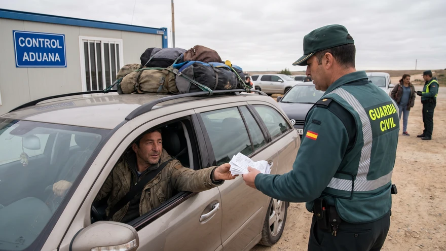 Traveler presenting shopping receipts to a customs officer at the Spanish border checkpoint