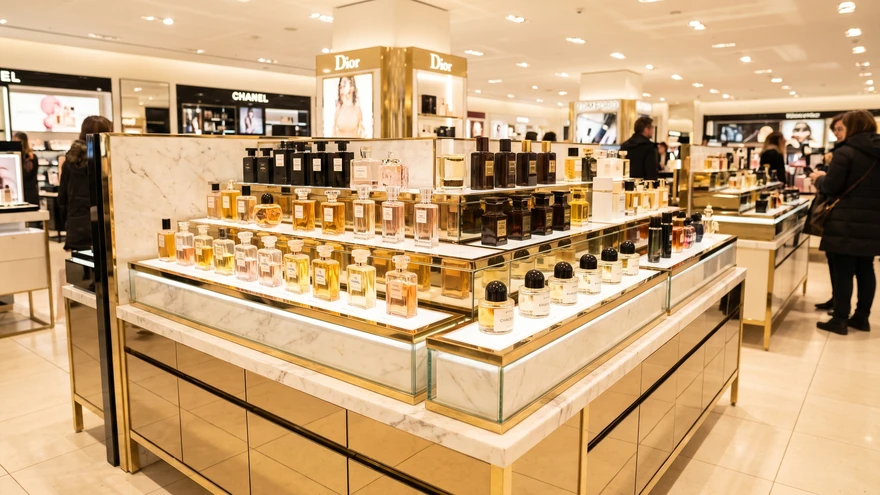Designer fragrance bottles displayed on a perfume counter in a Gibraltar beauty shop