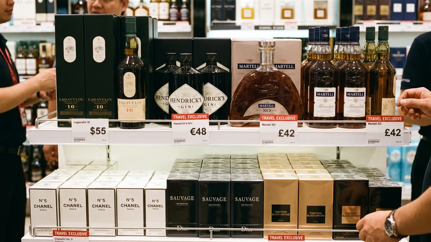 Duty-free shelf of spirits and perfume bottles in a Gibraltar shop