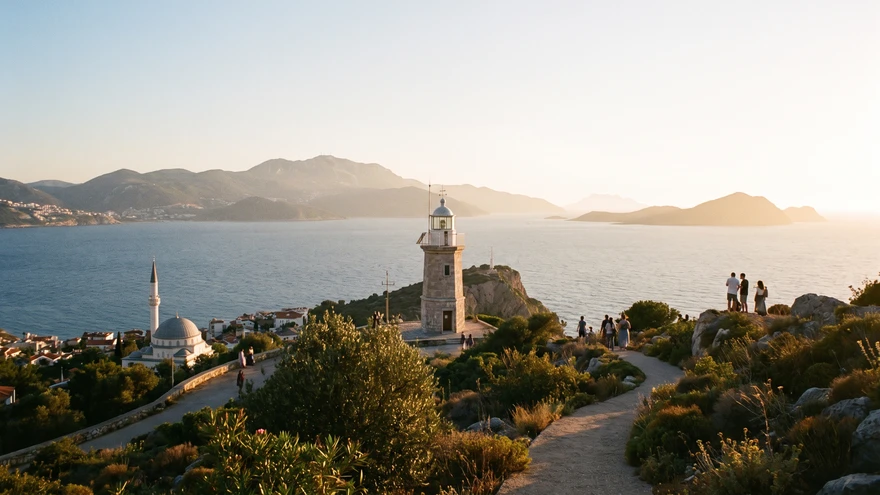 Coastal viewpoint at Europa Point with a lighthouse and the distant coastline of Morocco visible across the strait