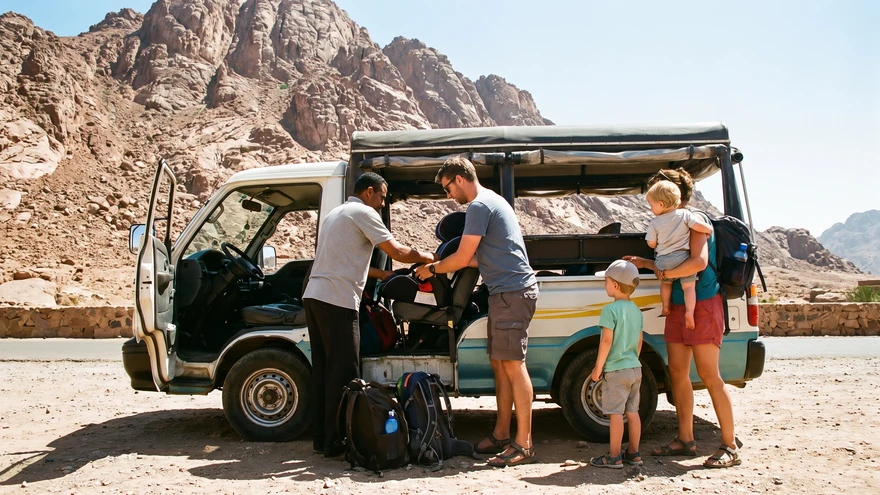 Family with young children boarding a minibus tour at the base of the Rock