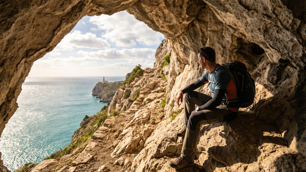 Hiker resting in the shaded entrance of a limestone cave overlooking the Gibraltar coastline