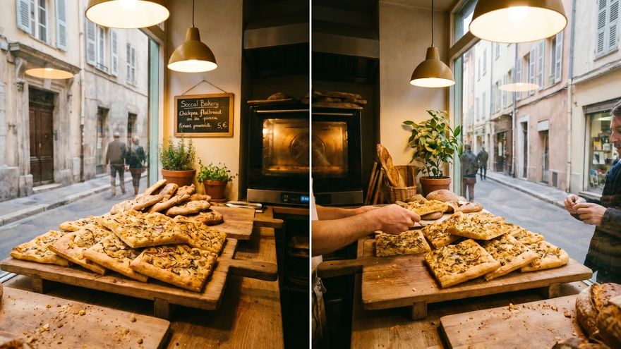 Local bakery counter displaying calentita, a savory chickpea flour bake, in Gibraltar's Irish Town