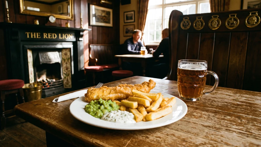 Traditional fish and chips lunch with a pint of beer at a pub in Irish Town