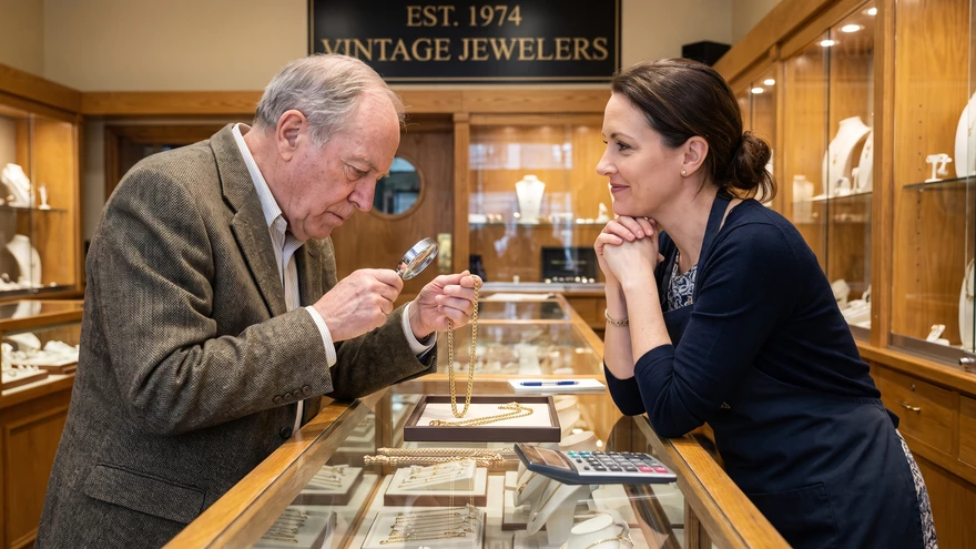 Customer negotiating the price of a gold chain at a Main Street jewelry counter