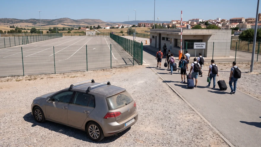 Cars parked in a secure lot near the Spanish border town before walking across on foot