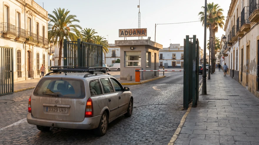 Car entering a secure parking facility in La Linea near the Gibraltar border