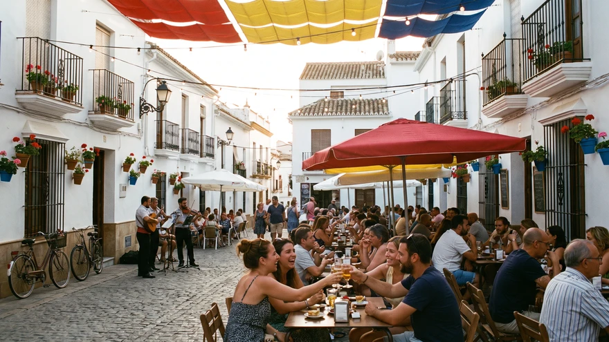 Open-air plaza lined with tapas bars in La Linea, the Spanish border town