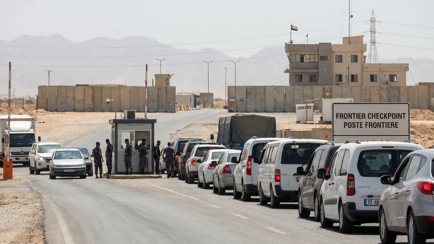 Long line of cars queued at the Gibraltar border checkpoint