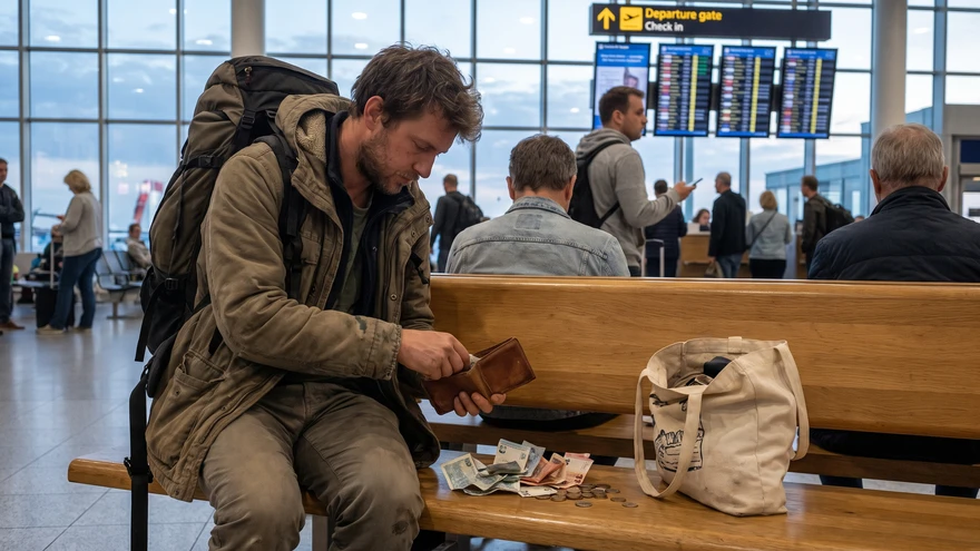 Traveler checking leftover local currency notes before departure