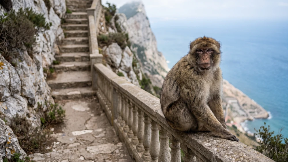 Barbary macaque sitting on a stone stairway railing blocking a narrow hiking path in Gibraltar